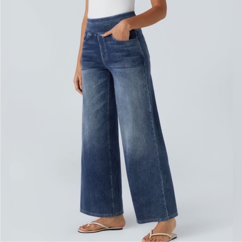 HALARA Flex Denim High Waisted Wide Leg Stretchy Baggy Jean Blue Wash Size XL